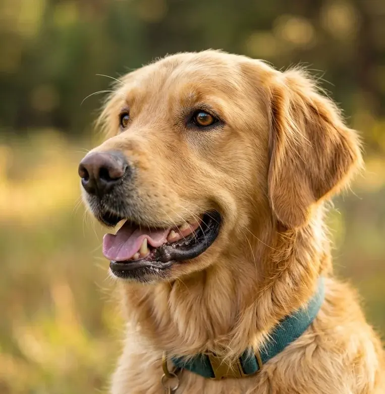 A calm golden retriever in soft window light
